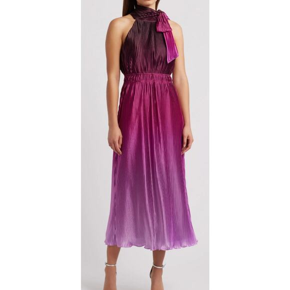 Anne Klein Purple/Pink Ombre Pleated Tie Neck Midi Cocktail Dress Size 4 NWT - Picture 10 of 10